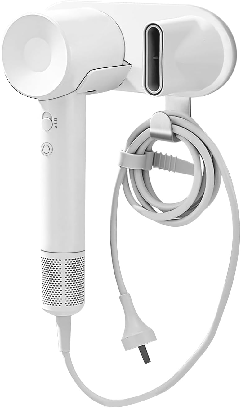 SEICHYGO Hair Dryer Holder Wall Mount Compatible with Dyson & Laifen (NOT for SE LITE), Adhesive Holder for All Magnetic High Speed Blow Dryer with Plug Cord Organizer Hook, (Aluminum Alloy, White) - Image 1